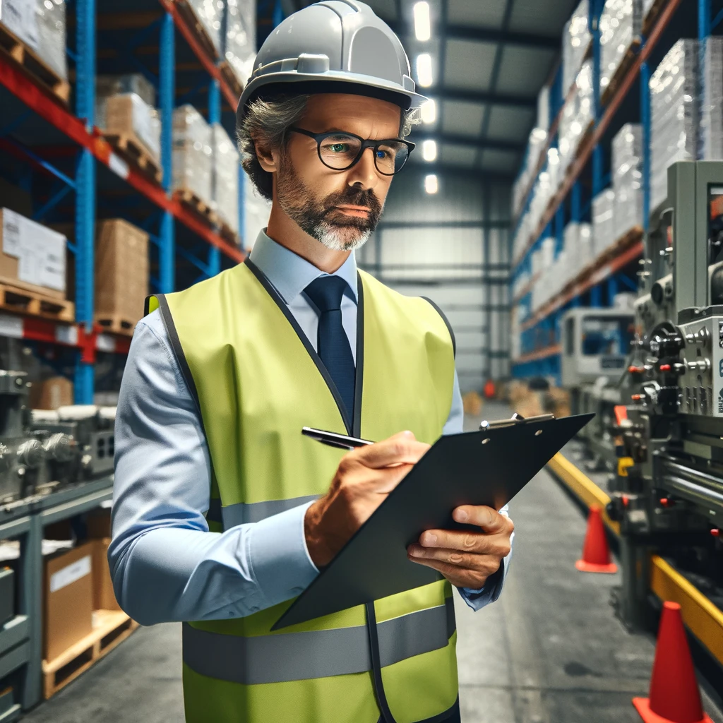Facility Safety Audit: An industrial safety inspector in high visibility vest conducting a facility safety audit in a well-organized warehouse